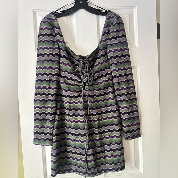 Zara NWOT Green and purple metallic geo stripe mini dress, boho 70s, size small - Picture 2 of 9